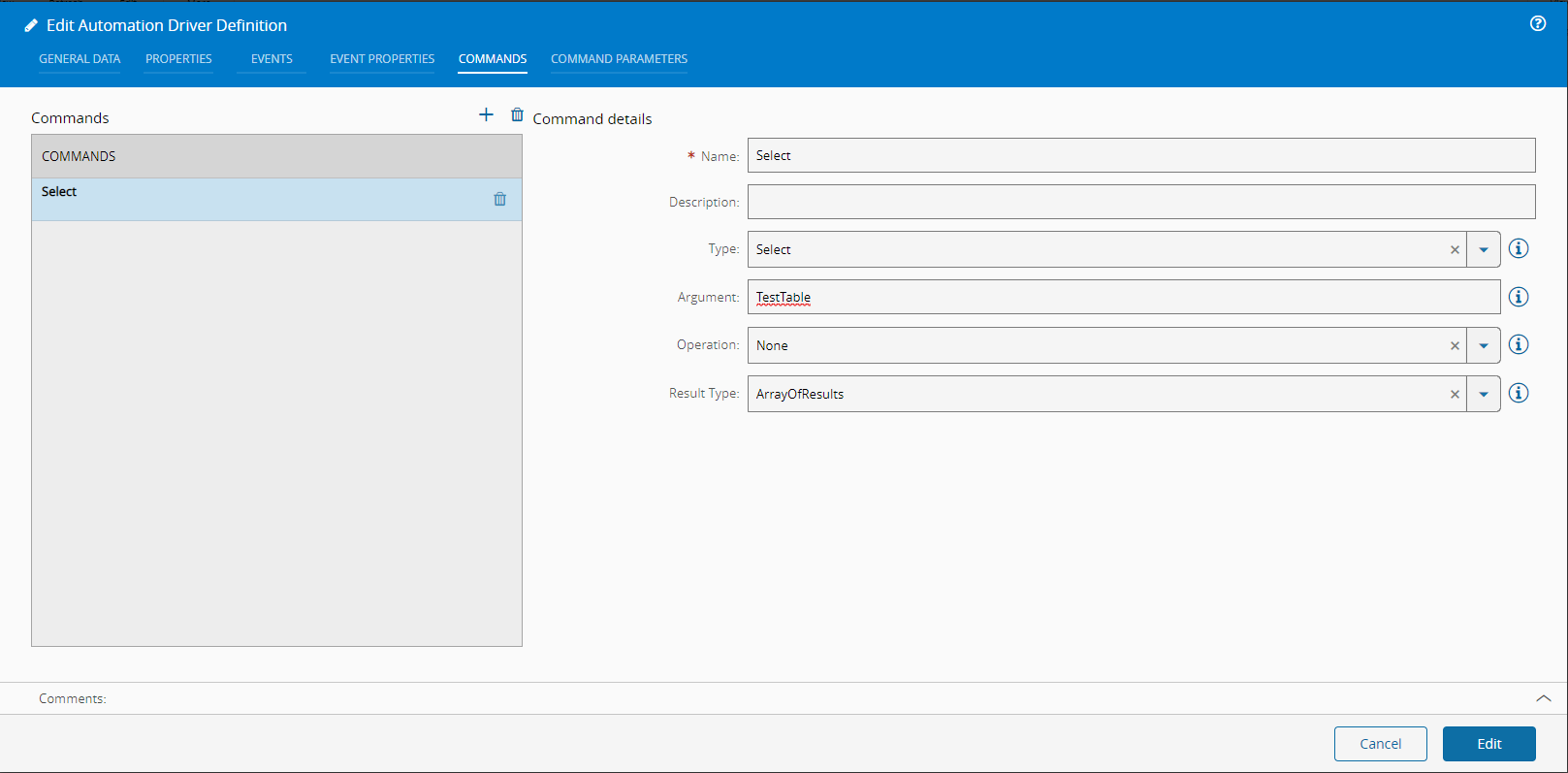 Automation Driver Definition - Command Select