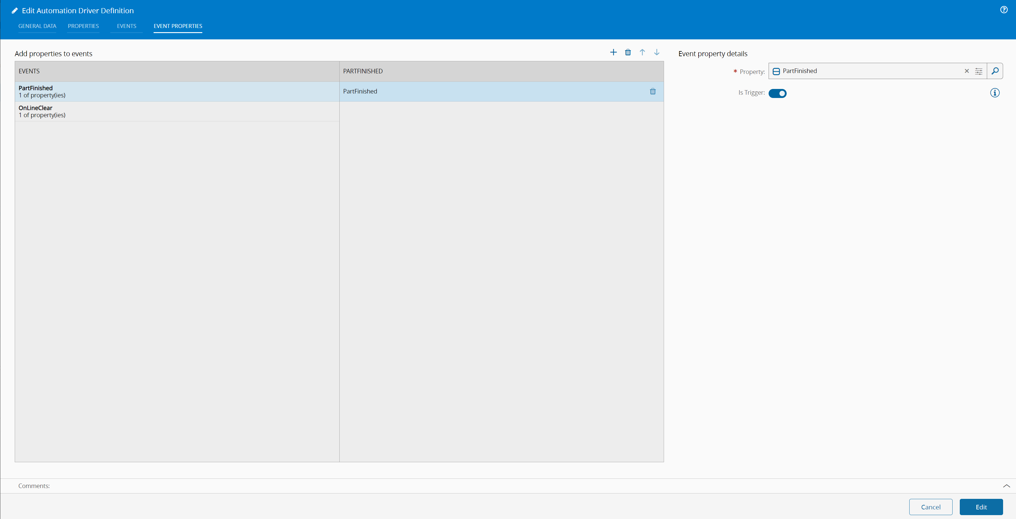 Automation Driver Definition Line 1 EventProperties