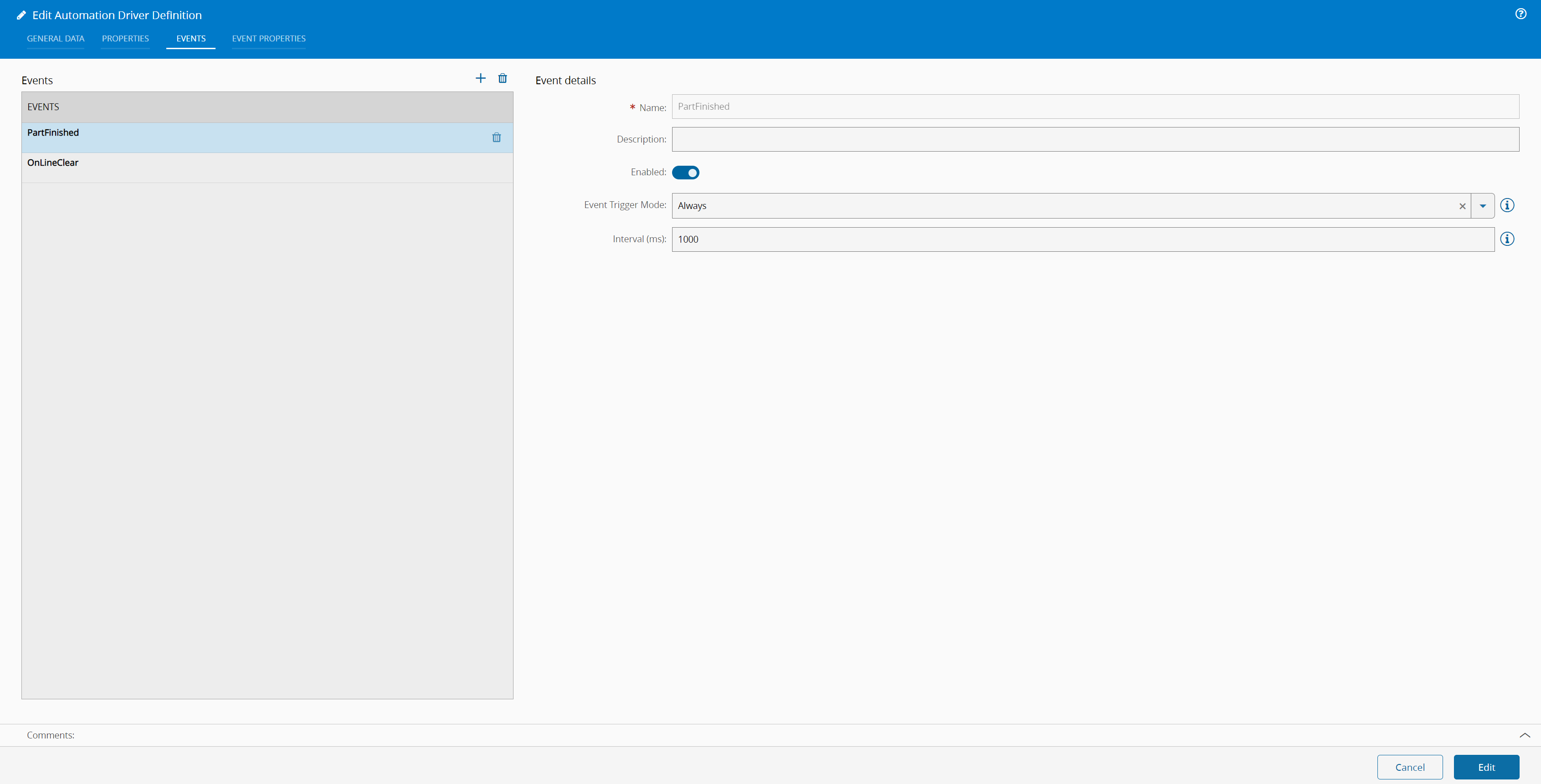 Automation Driver Definition Line 1 Events