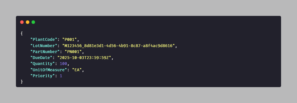 Import Production Order Payload