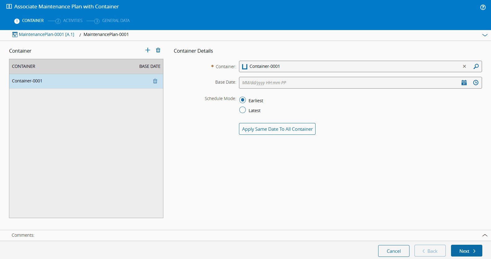 Associate Maintenance Plan with the Container