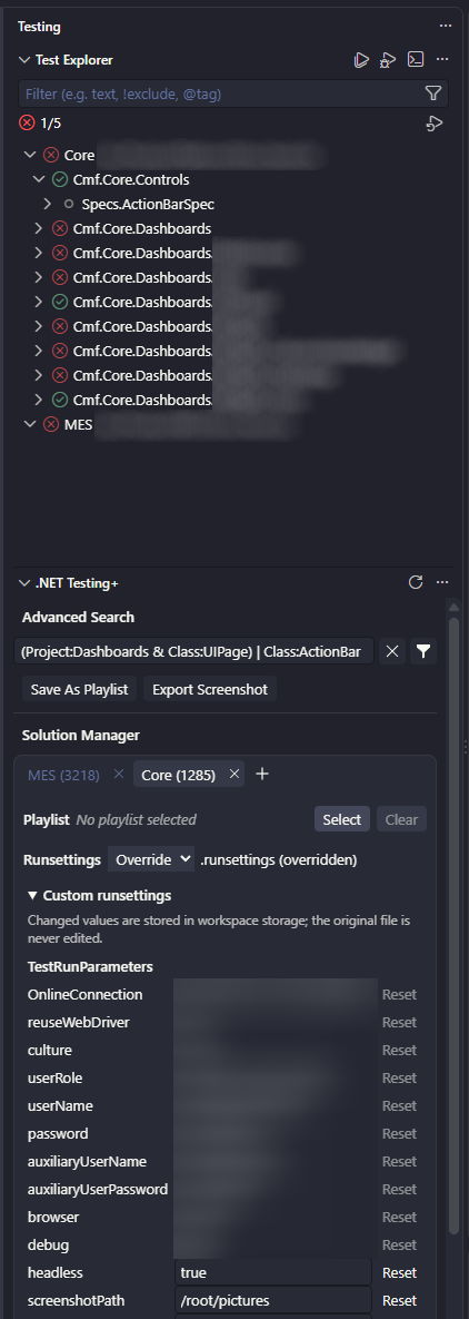 .NET Testing+ VS Code view. Most settings are visible, as well as the test explorer with a custom filter applied.